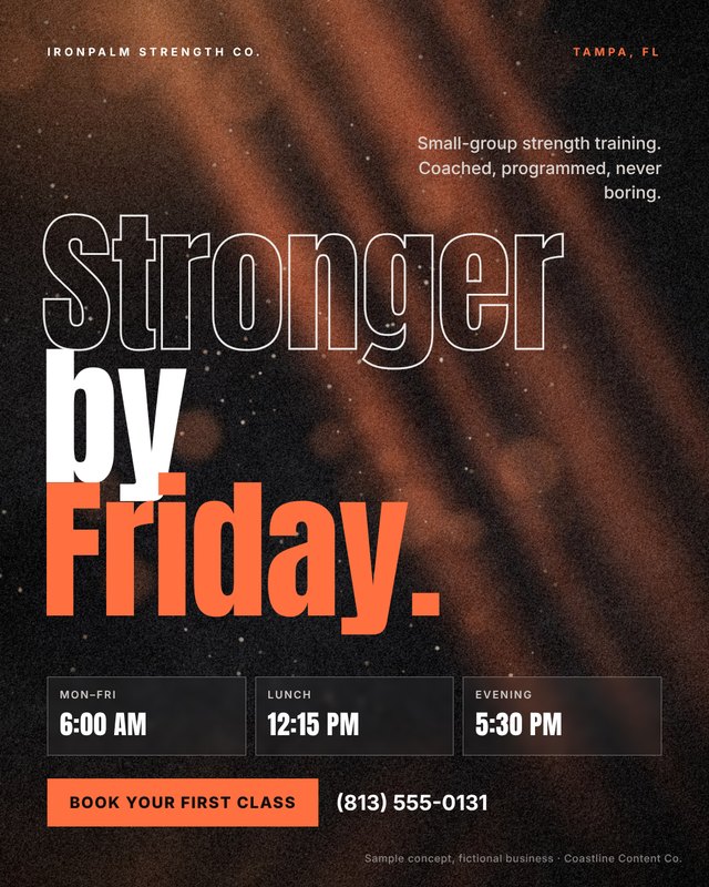 Sample social media post concept for Ironpalm Strength Co. (fictional business)