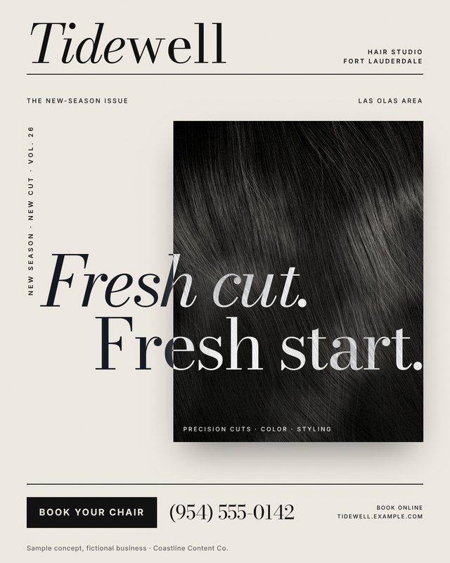 Sample social media post concept for Tidewell Hair Studio (fictional business)