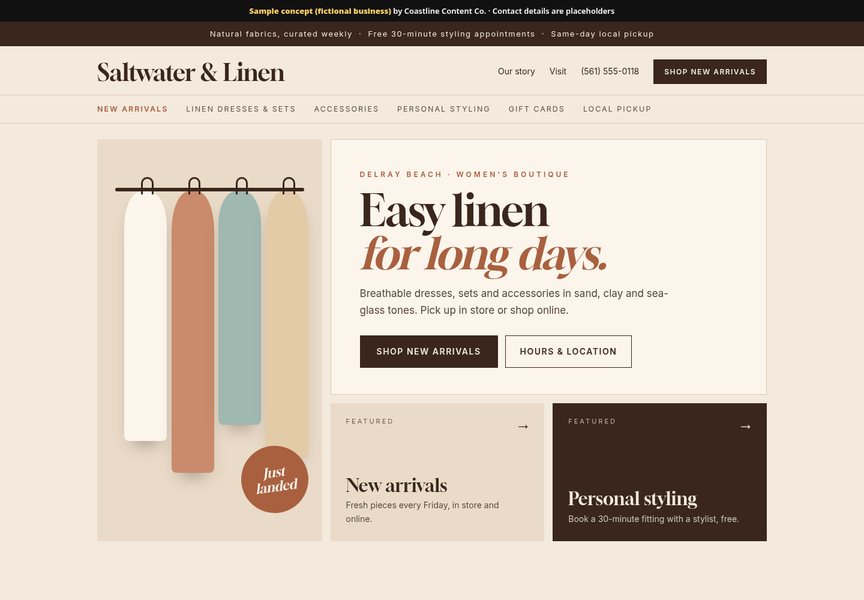 Screenshot of a sample website concept for Saltwater & Linen (fictional business), Delray Beach