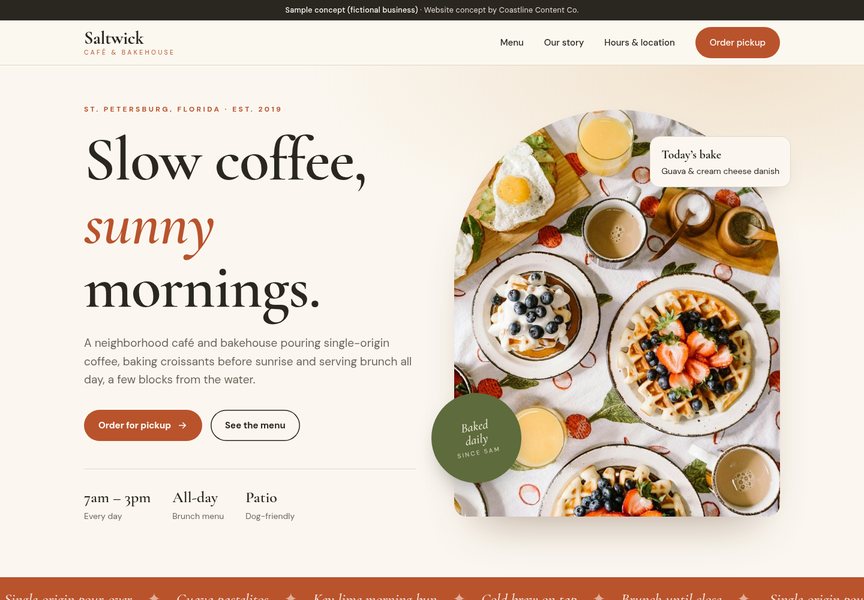 Screenshot of a sample website concept for Saltwick Café & Bakehouse (fictional business)