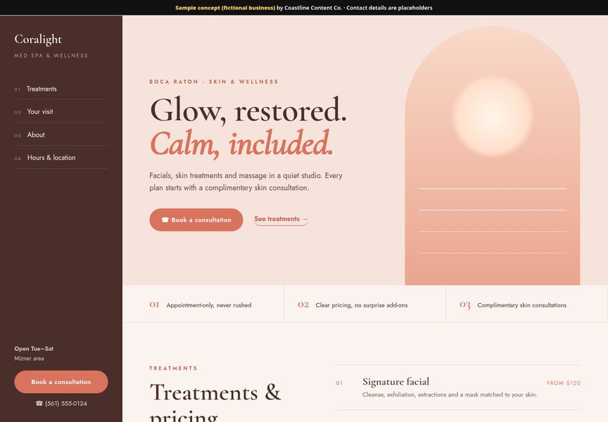 Screenshot of a sample website concept for Coralight Skin & Wellness (fictional business), Boca Raton
