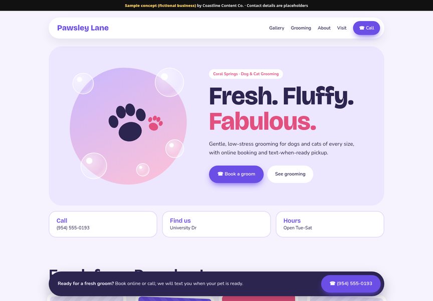 Screenshot of a sample website concept for Pawsley Lane Grooming Co. (fictional business), Coral Springs